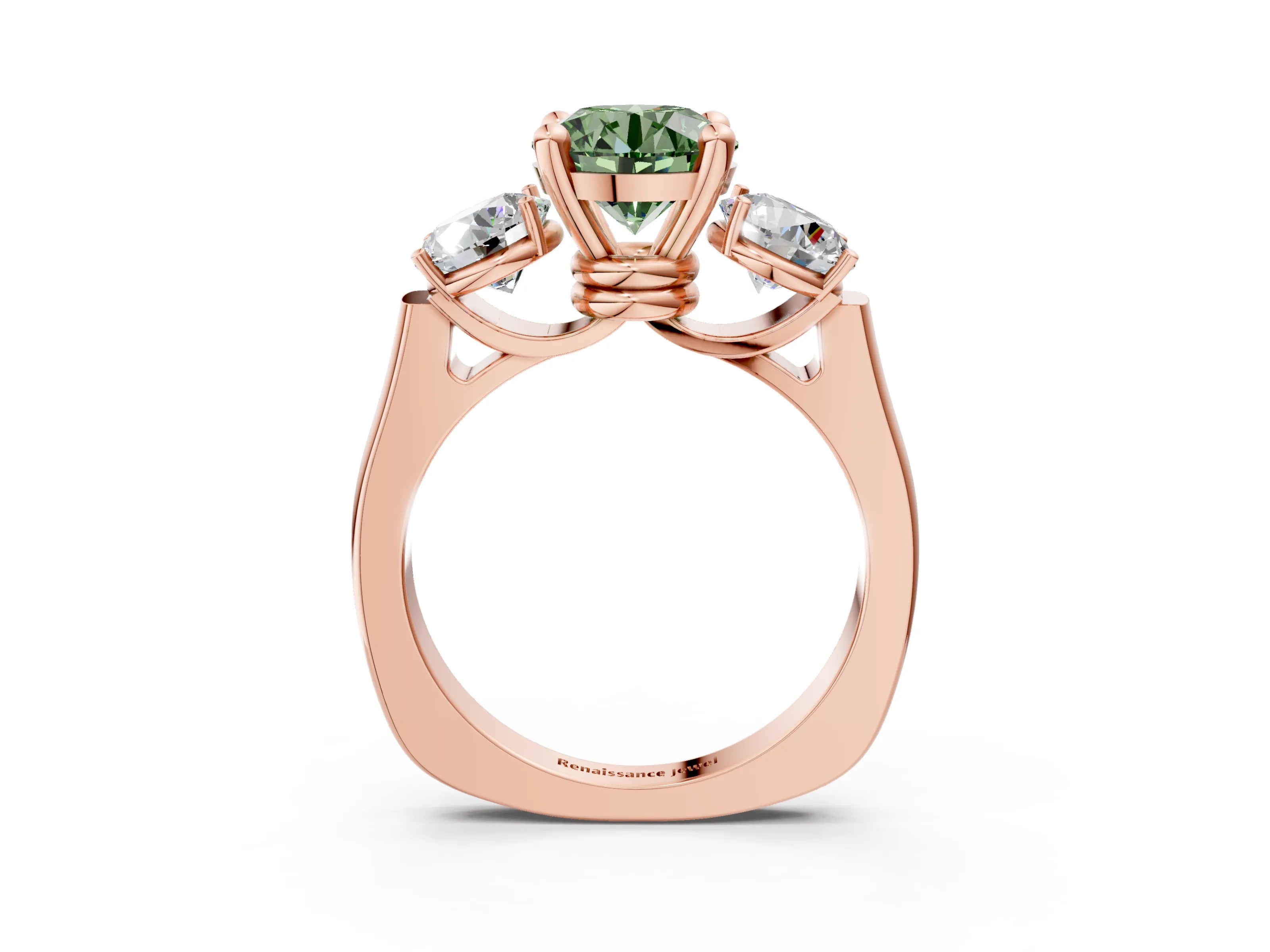 Rose gold Three-Stone Fancy Green Round Cut Brilliant Diamond Trellis Ring with Comfort Fit Band_16