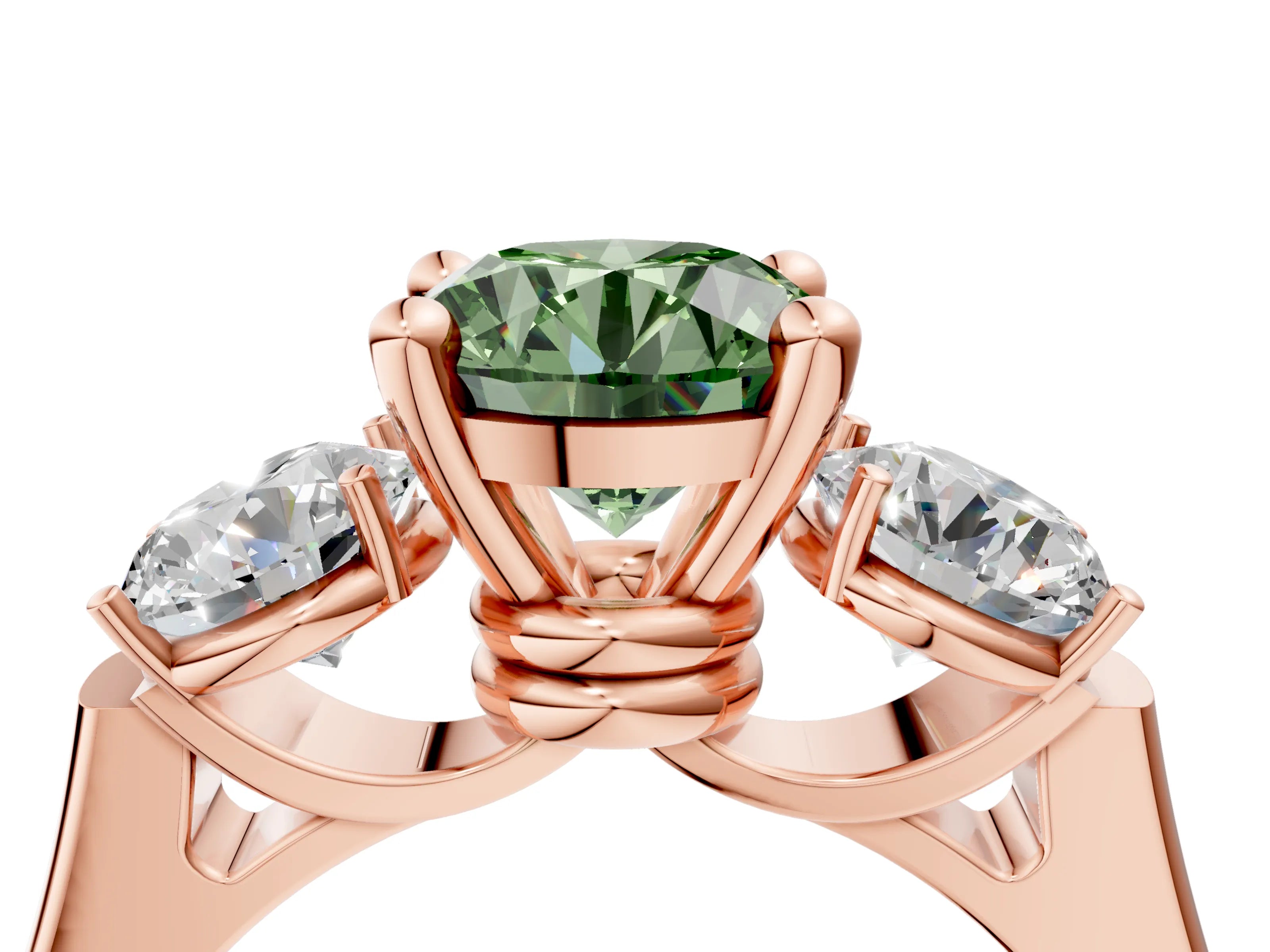 Rose gold Three-Stone Fancy Green Round Cut Brilliant Diamond Trellis Ring with Comfort Fit Band_17