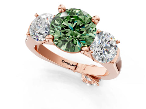 Rose gold Three-Stone Fancy Green Round Cut Brilliant Diamond Trellis Ring with Comfort Fit Band_1