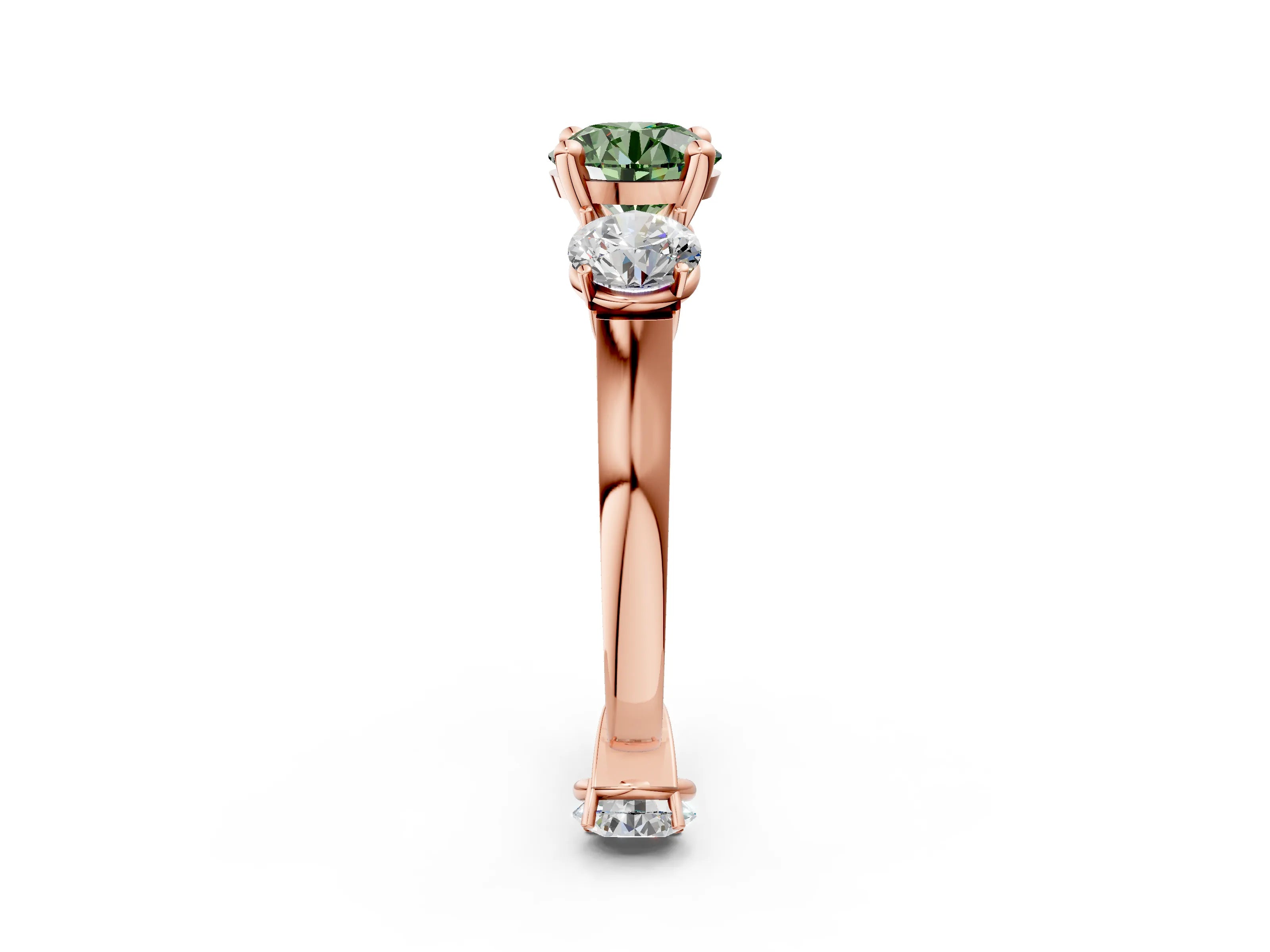 Rose gold Three-Stone Fancy Green Round Cut Brilliant Diamond Trellis Ring with Comfort Fit Band_2