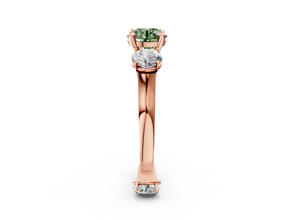 Rose gold Three-Stone Fancy Green Round Cut Brilliant Diamond Trellis Ring with Comfort Fit Band