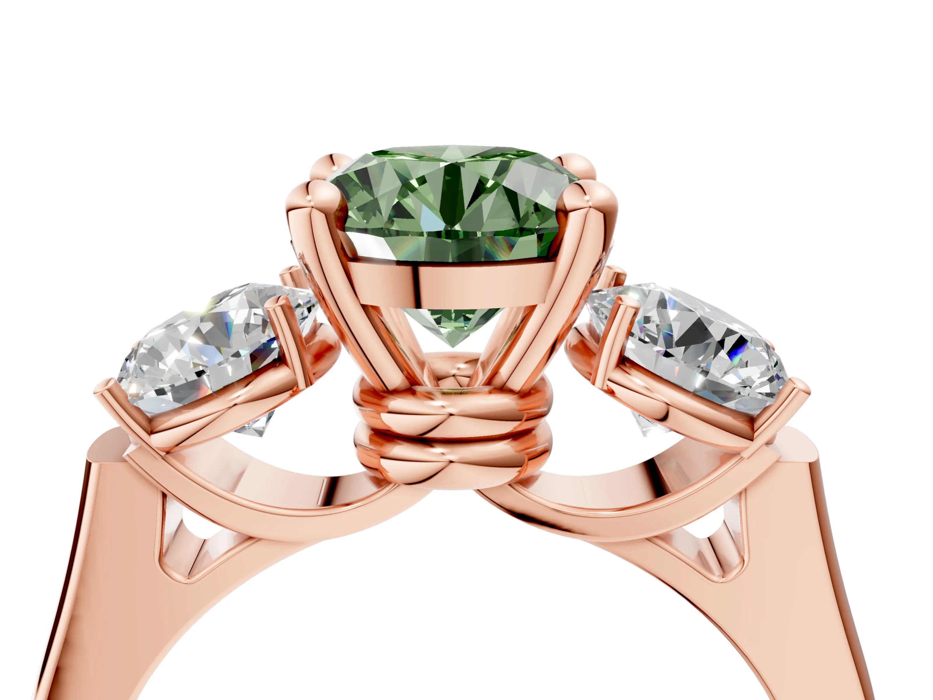 Rose gold Three-Stone Fancy Green Round Cut Brilliant Diamond Trellis Ring with Comfort Fit Band_4