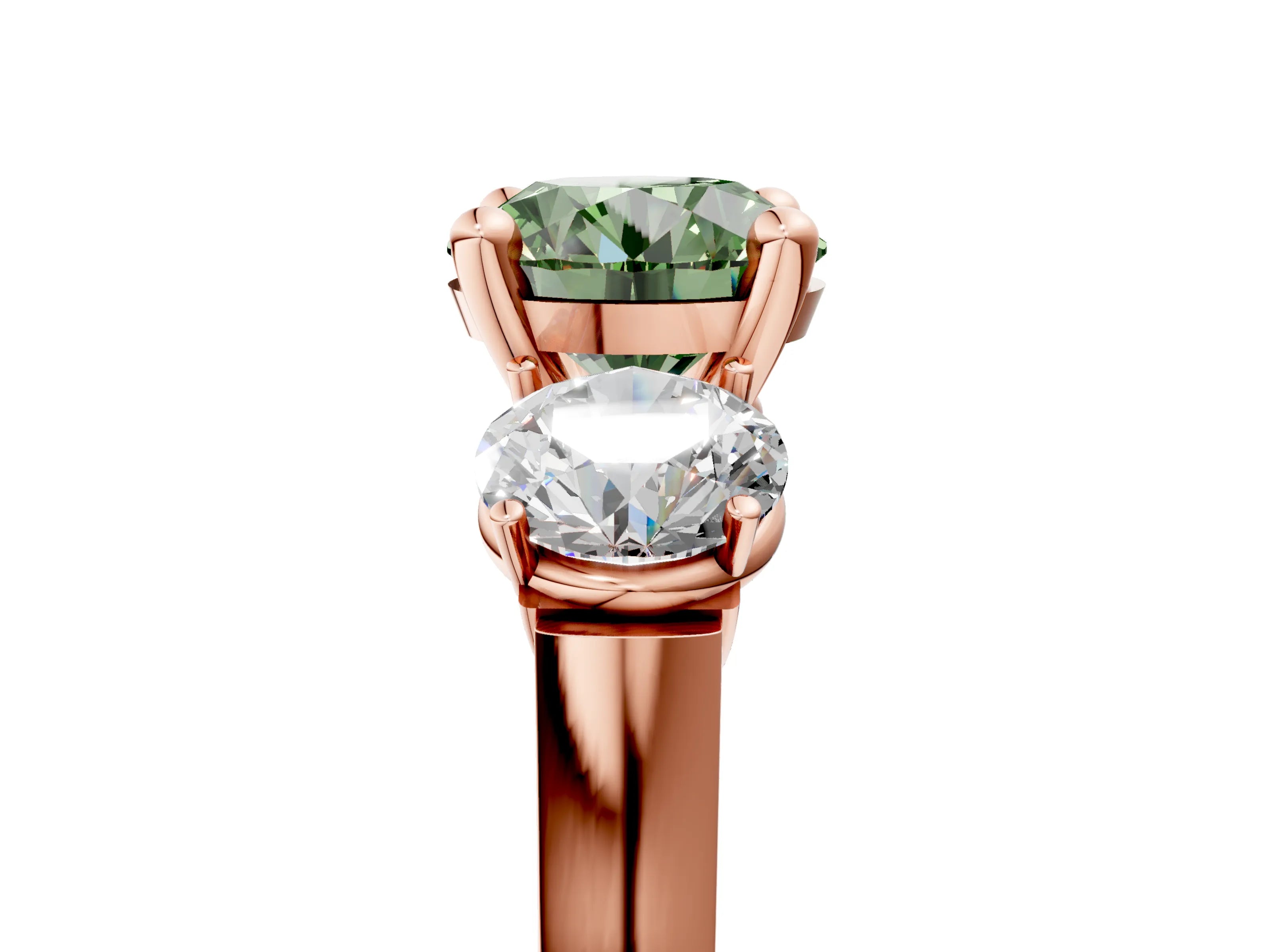 Rose gold Three-Stone Fancy Green Round Cut Brilliant Diamond Trellis Ring with Comfort Fit Band_5
