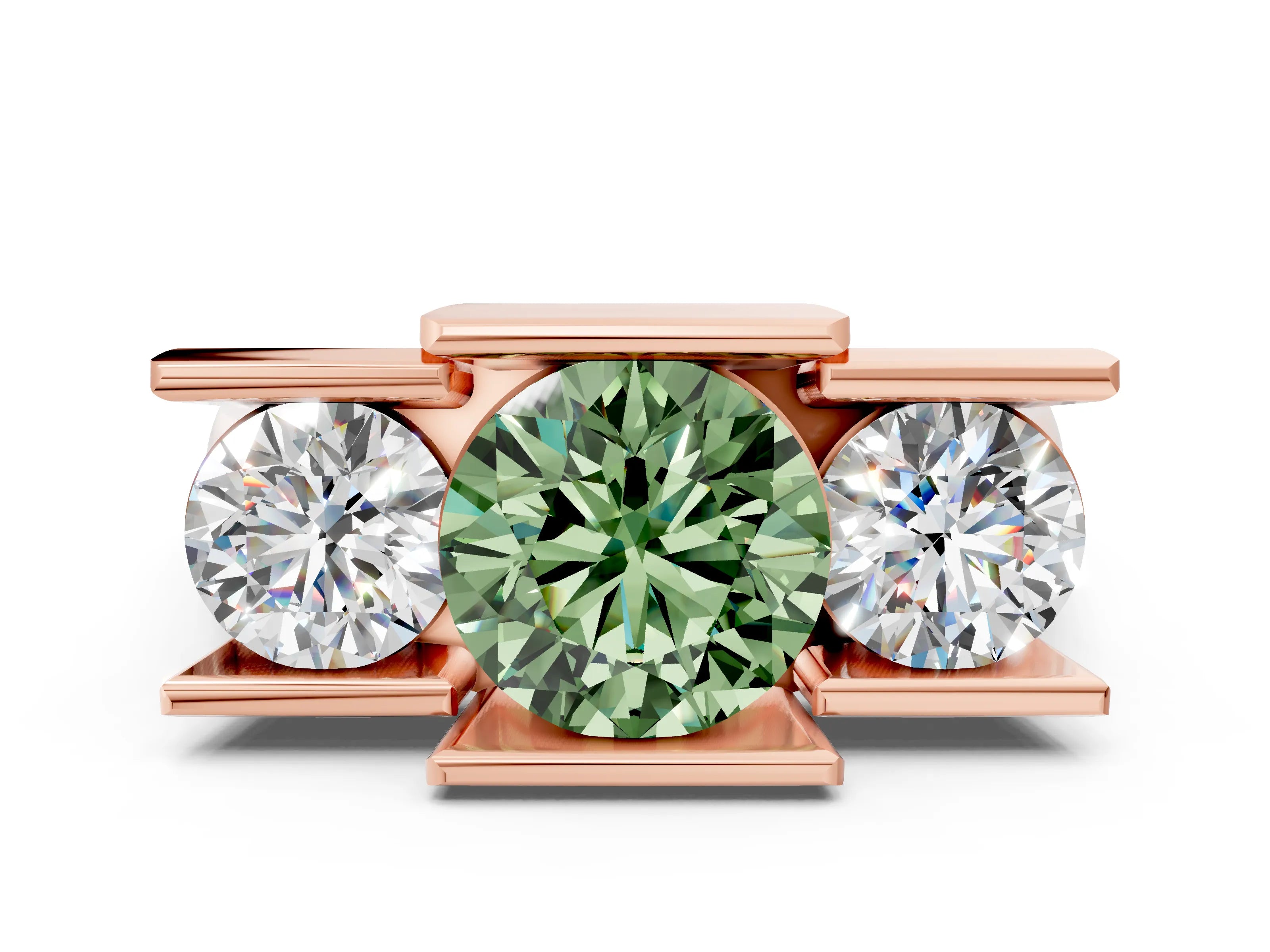 Rose gold Three Stone Fancy Green Round Cut Cut Channel Set Diamond Ring