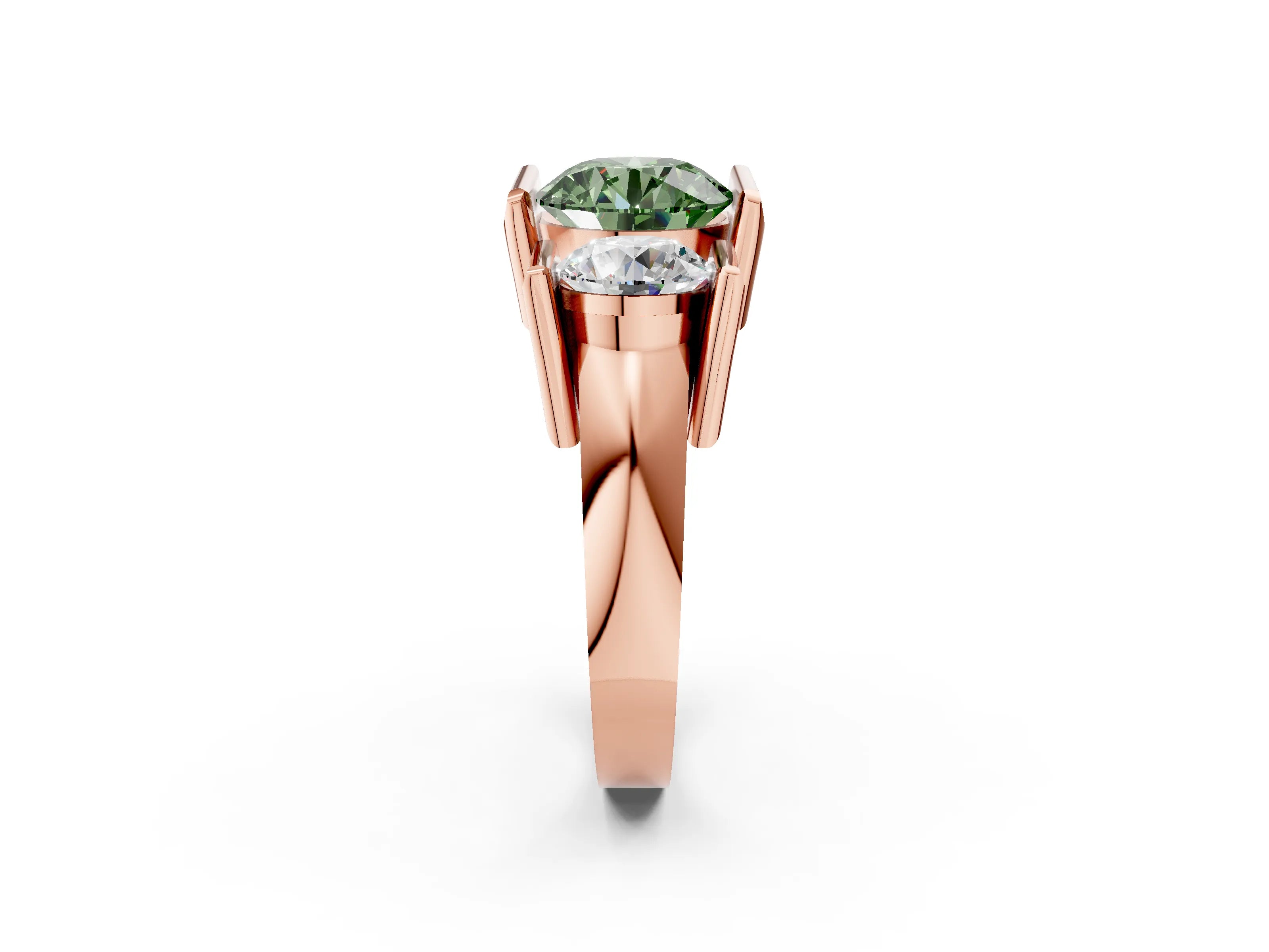 Rose gold Three Stone Fancy Green Round Cut Cut Channel Set Diamond Ring_2