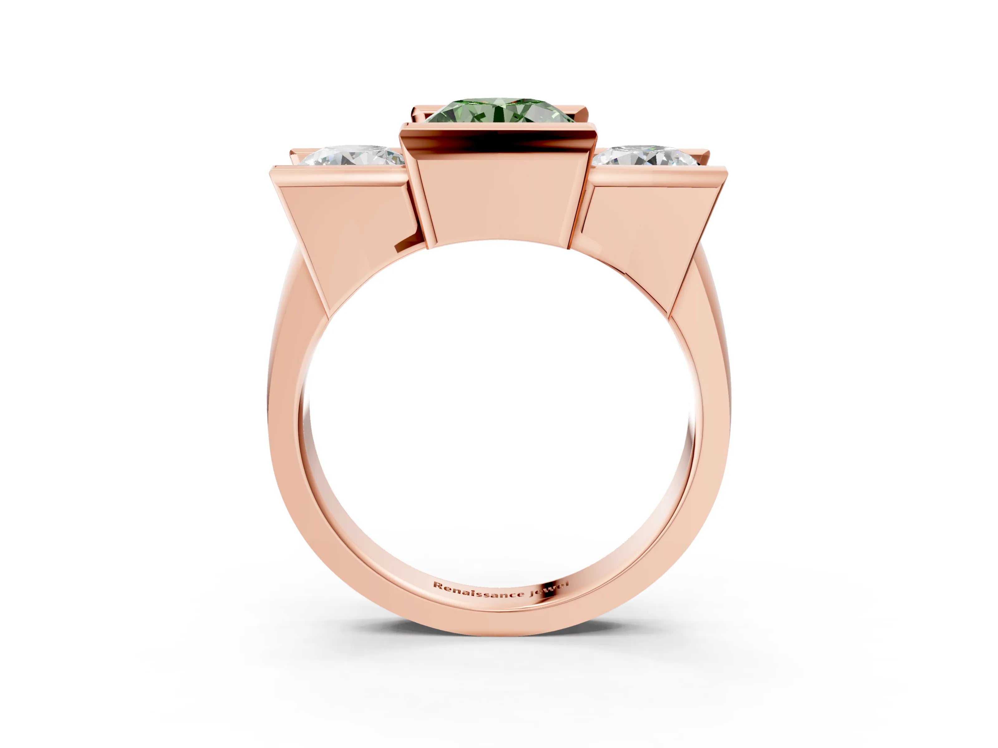 Rose gold Three Stone Fancy Green Round Cut Cut Channel Set Diamond Ring_3