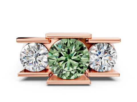 Rose gold Three Stone Fancy Green Round Cut Cut Channel Set Diamond Ring