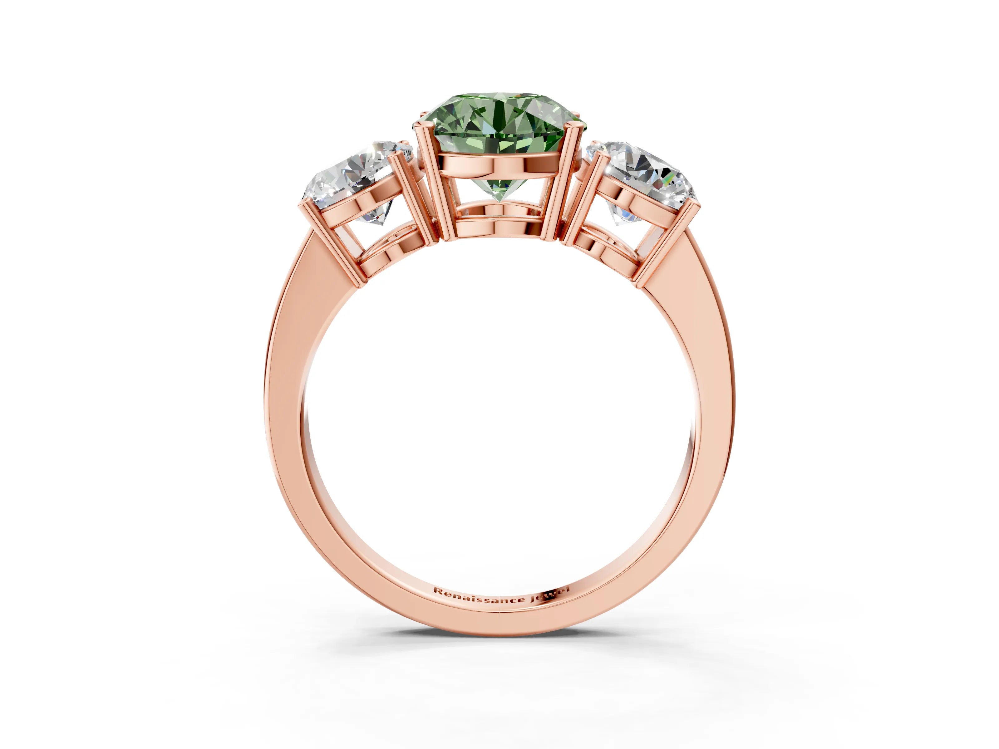 Rose gold Three-Stone Fancy Green Round Cut Cut Diamond Engagement Ring with Flat Band and Four-Prong Setting_15