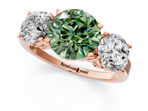 Rose gold Three-Stone Fancy Green Round Cut Cut Diamond Engagement Ring with Flat Band and Four-Prong Setting_1