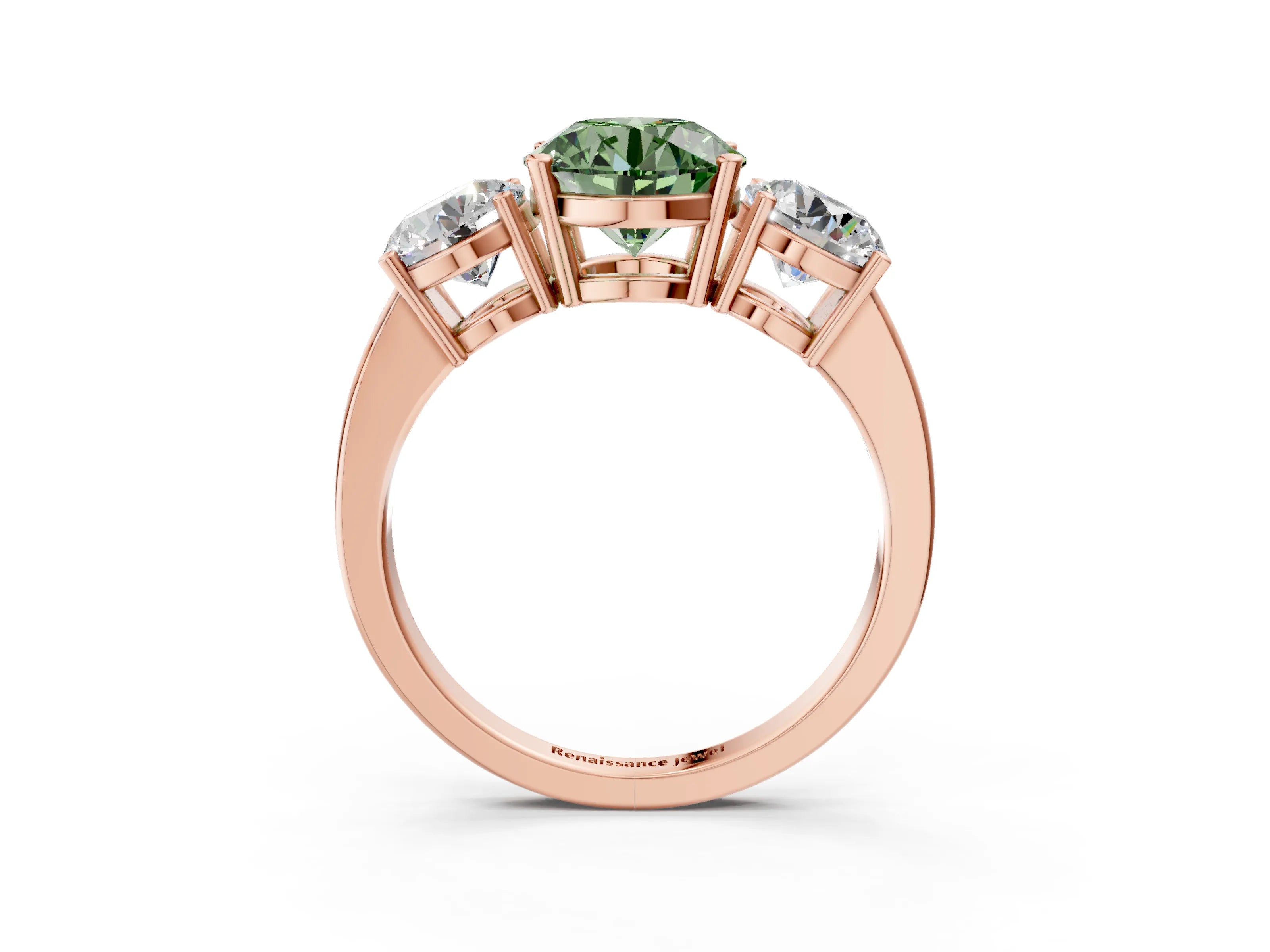 Rose gold Three-Stone Fancy Green Round Cut Cut Diamond Engagement Ring with Flat Band and Four-Prong Setting_3