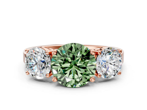 Rose gold Three-Stone Fancy Green Round Cut Cut Diamond Engagement Ring with Flat Band and Four-Prong Setting