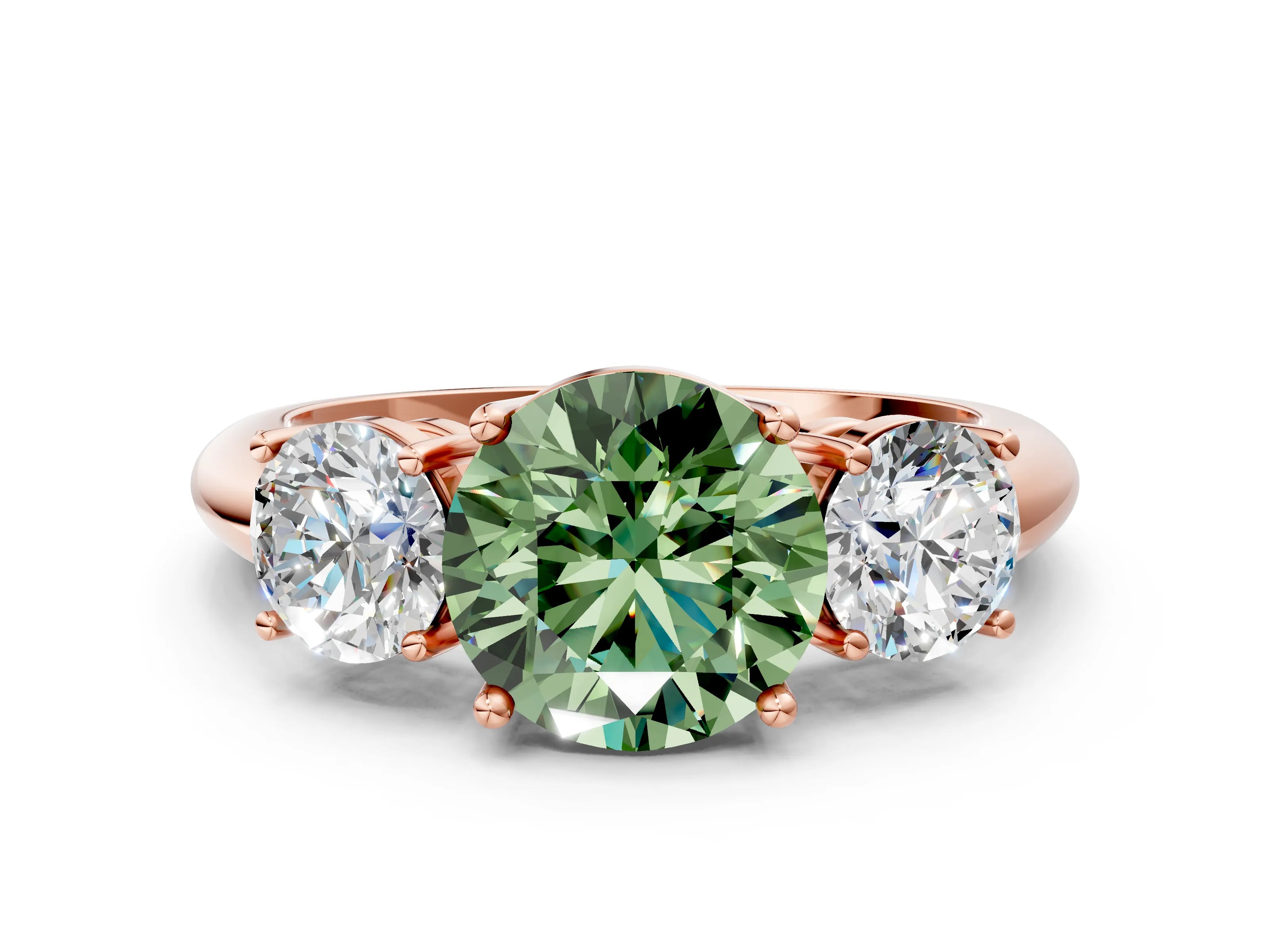 Rose gold Three-Stone Fancy Green Round Cut Cut Diamond Engagement Ring with Prong Setting on a White Gold Band
