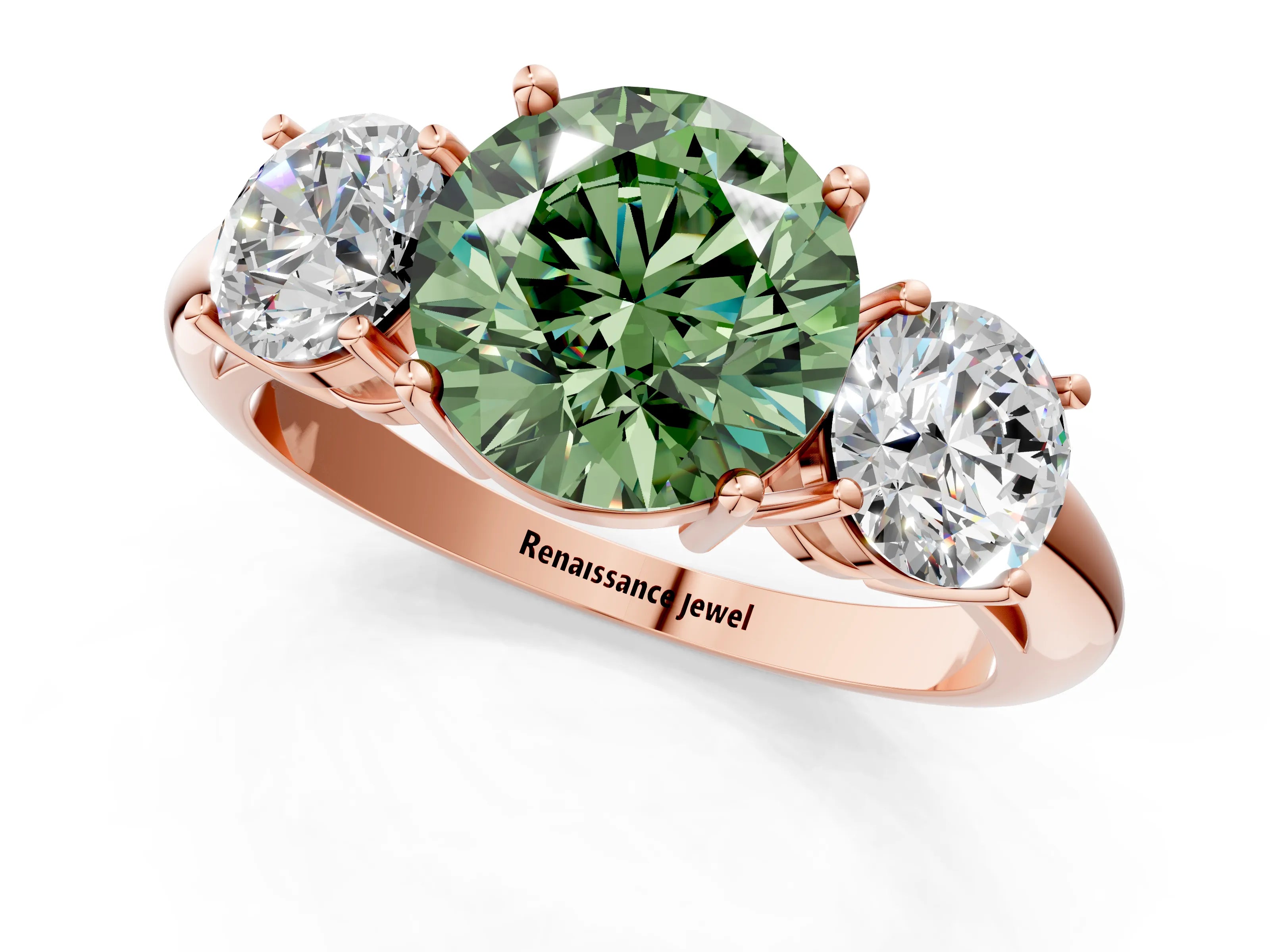 Rose gold Three-Stone Fancy Green Round Cut Cut Diamond Engagement Ring with Prong Setting on a White Gold Band_1