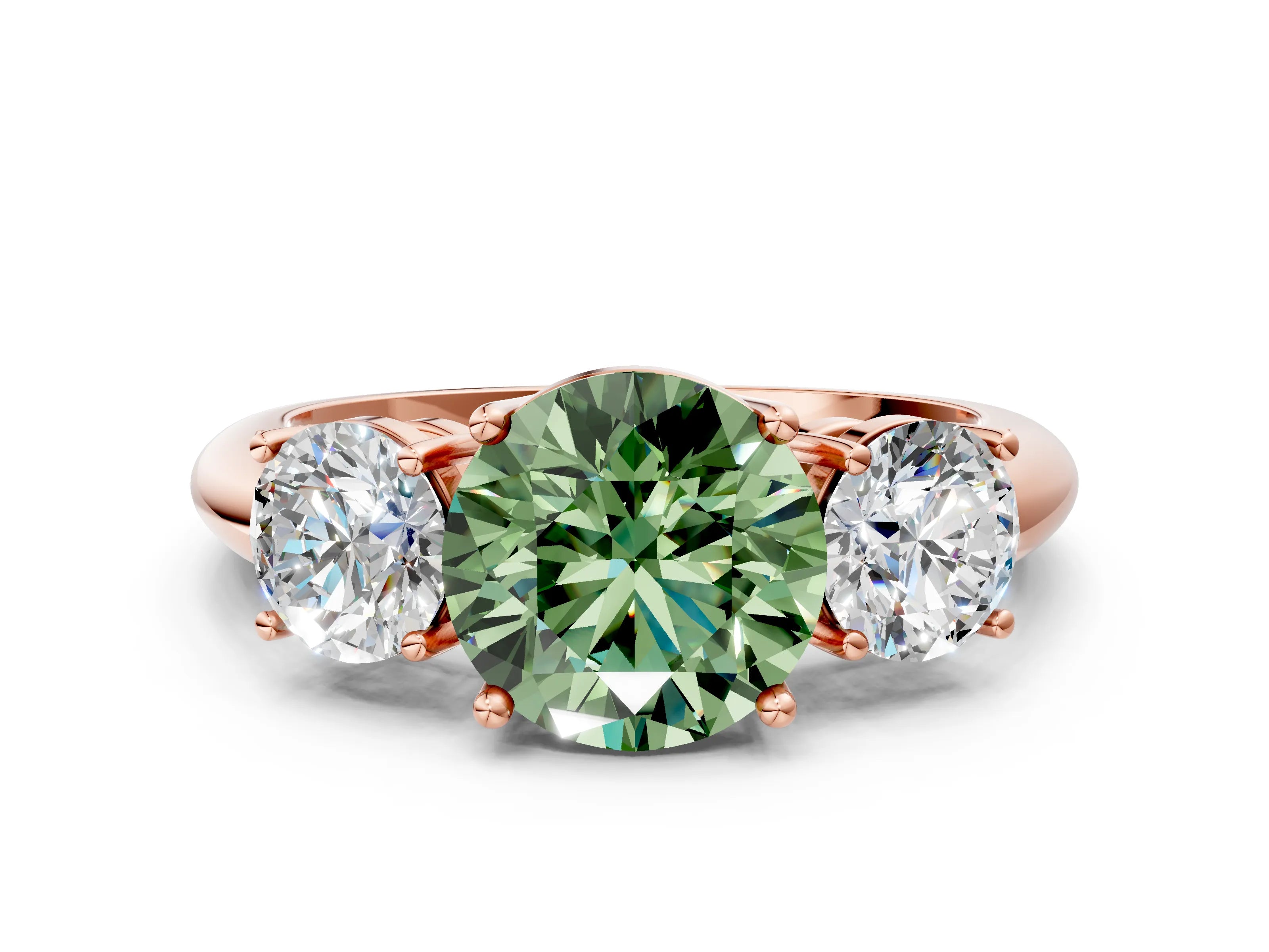 Rose gold Three-Stone Fancy Green Round Cut Cut Diamond Engagement Ring with Prong Setting on a White Gold Band_24