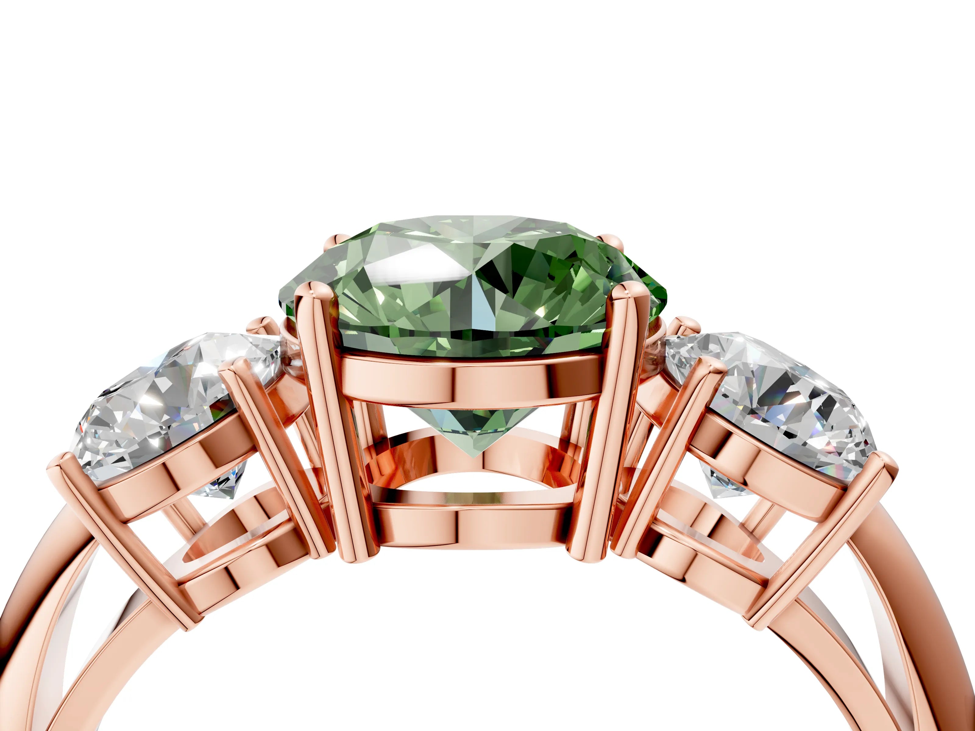 Rose gold Three-Stone Fancy Green Round Cut Cut Diamond Engagement Ring with Prong Setting on a White Gold Band_28