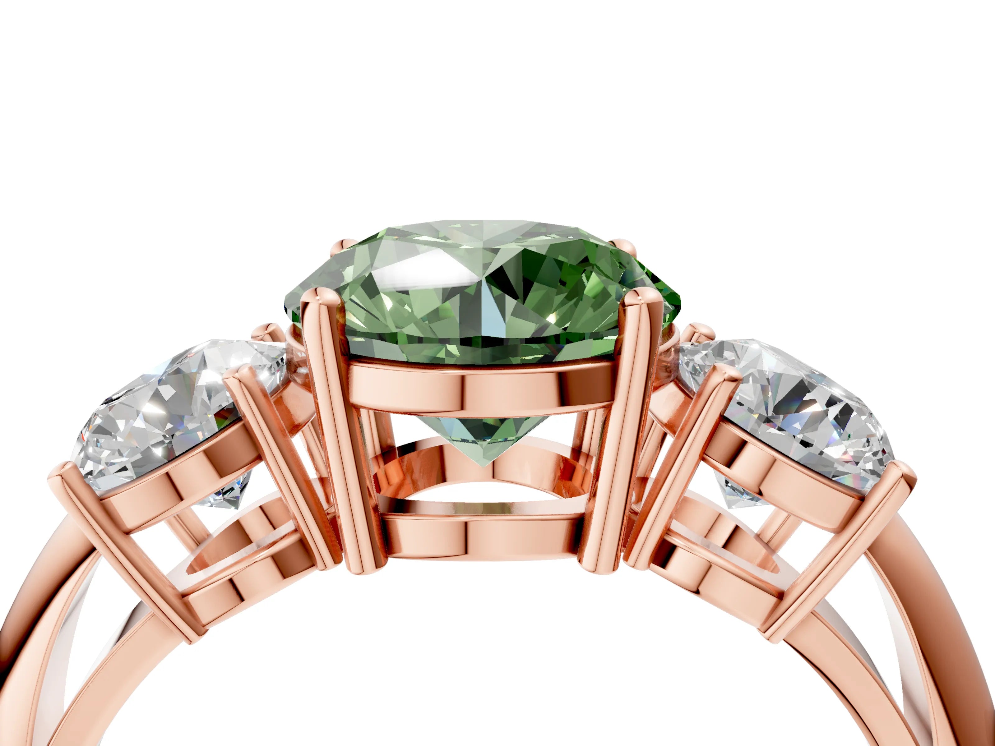 Rose gold Three-Stone Fancy Green Round Cut Cut Diamond Engagement Ring with Prong Setting on a White Gold Band_4