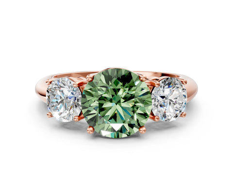 Rose gold Three-Stone Fancy Green Round Cut Cut Diamond Engagement Ring with Prong Setting on a White Gold Band