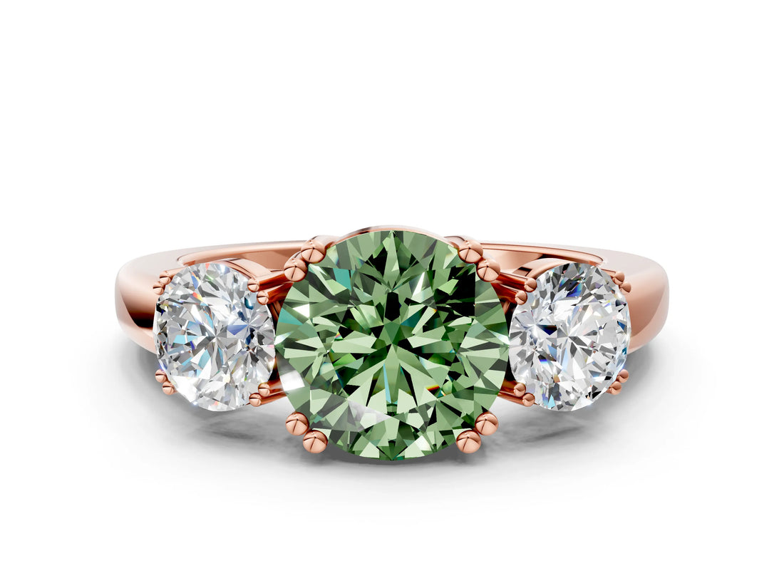 Rose gold Three-Stone Fancy Green Round Cut Cut Diamond Ring with Channel Set Band and Four-Prong Setting