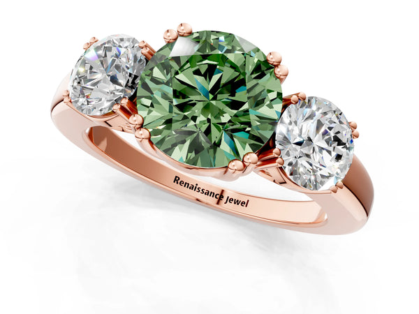 Rose gold Three-Stone Fancy Green Round Cut Cut Diamond Ring with Channel Set Band and Four-Prong Setting