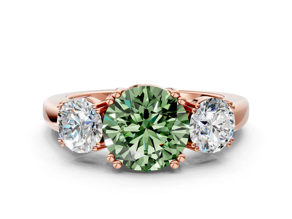 Rose gold Three-Stone Fancy Green Round Cut Cut Diamond Ring with Channel Set Band and Four-Prong Setting