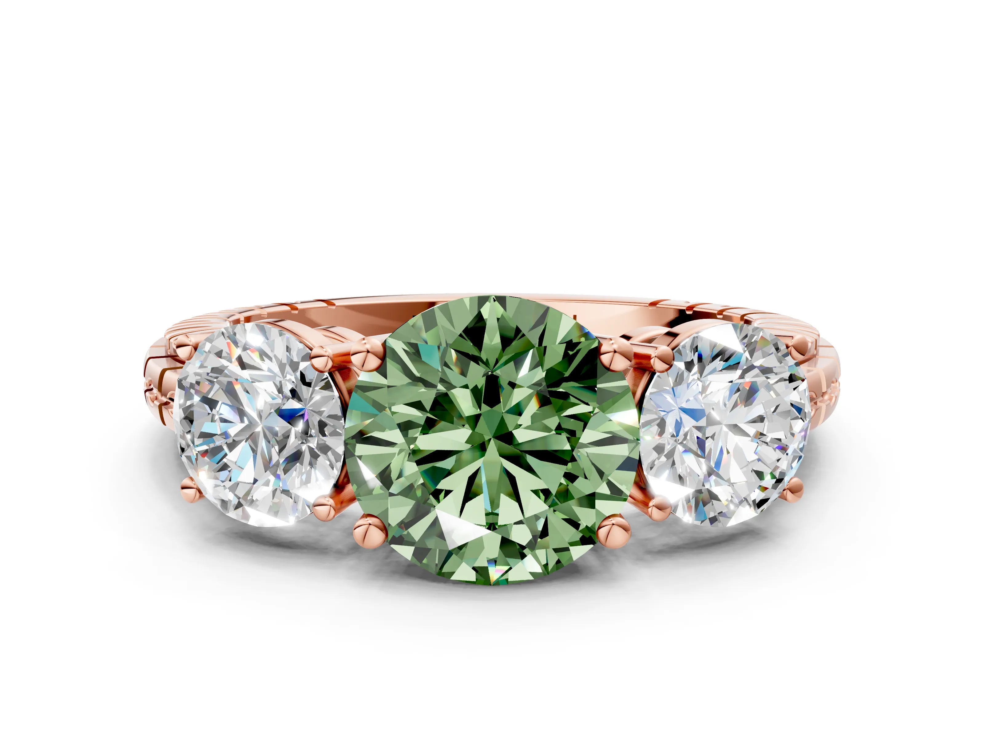 Rose gold Three-Stone Fancy Green Round Cut Cut Diamond Ring with Channel-Set Band and Prong Setting