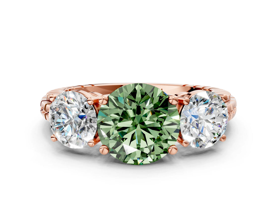 Rose gold Three-Stone Fancy Green Round Cut Cut Diamond Ring with Channel-Set Band and Prong Setting