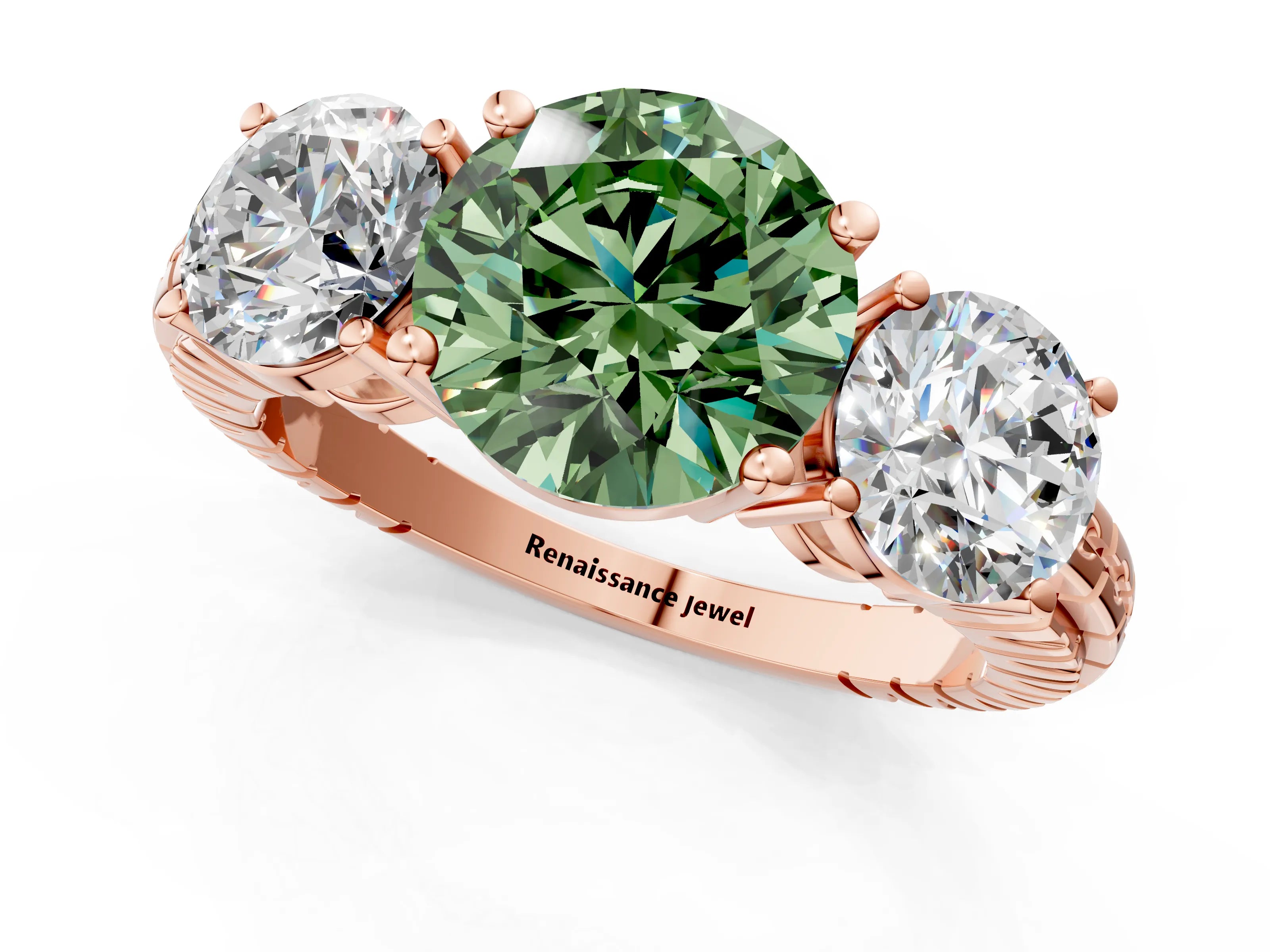 Rose gold Three-Stone Fancy Green Round Cut Cut Diamond Ring with Channel-Set Band and Prong Setting_1