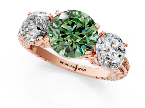 Rose gold Three-Stone Fancy Green Round Cut Cut Diamond Ring with Channel-Set Band and Prong Setting_1