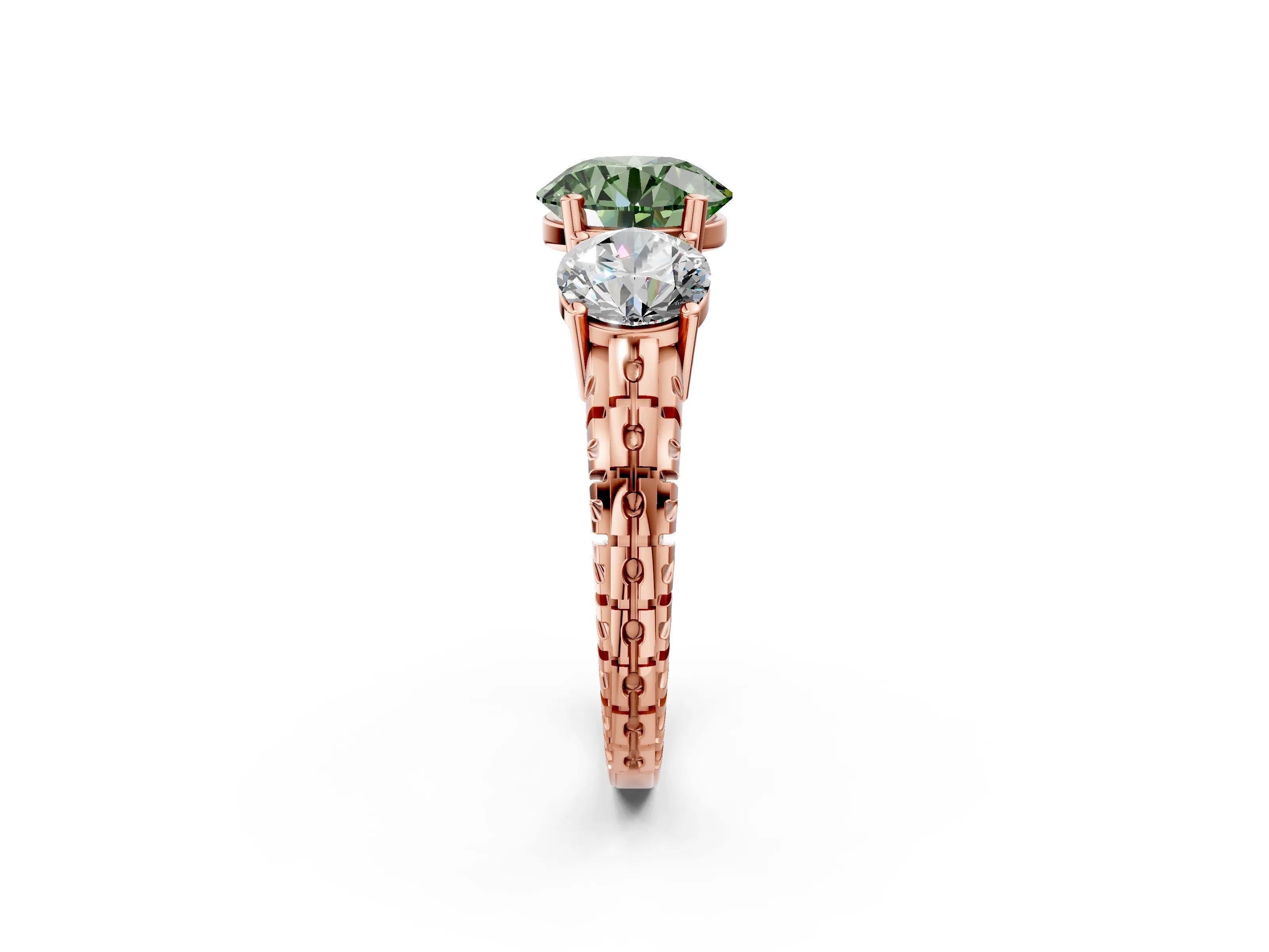 Rose gold Three-Stone Fancy Green Round Cut Cut Diamond Ring with Channel-Set Band and Prong Setting_2