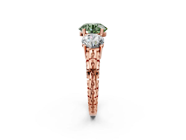 Rose gold Three-Stone Fancy Green Round Cut Cut Diamond Ring with Channel-Set Band and Prong Setting