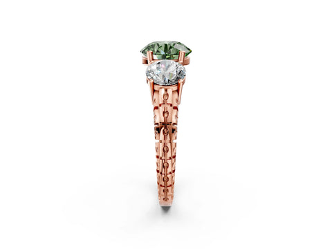 Rose gold Three-Stone Fancy Green Round Cut Cut Diamond Ring with Channel-Set Band and Prong Setting_2