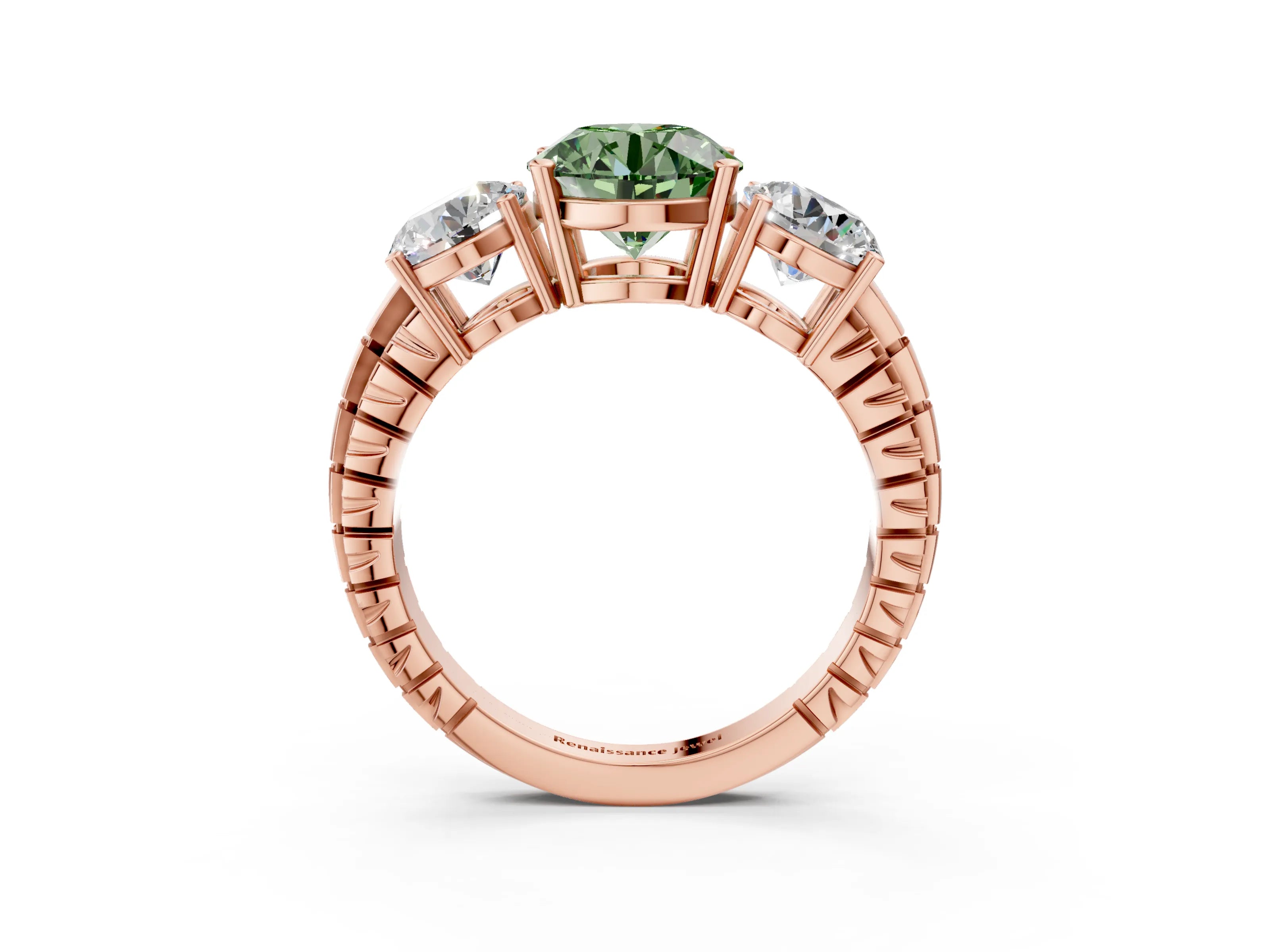 Rose gold Three-Stone Fancy Green Round Cut Cut Diamond Ring with Channel-Set Band and Prong Setting_3