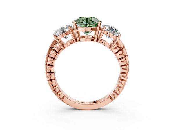 Rose gold Three-Stone Fancy Green Round Cut Cut Diamond Ring with Channel-Set Band and Prong Setting