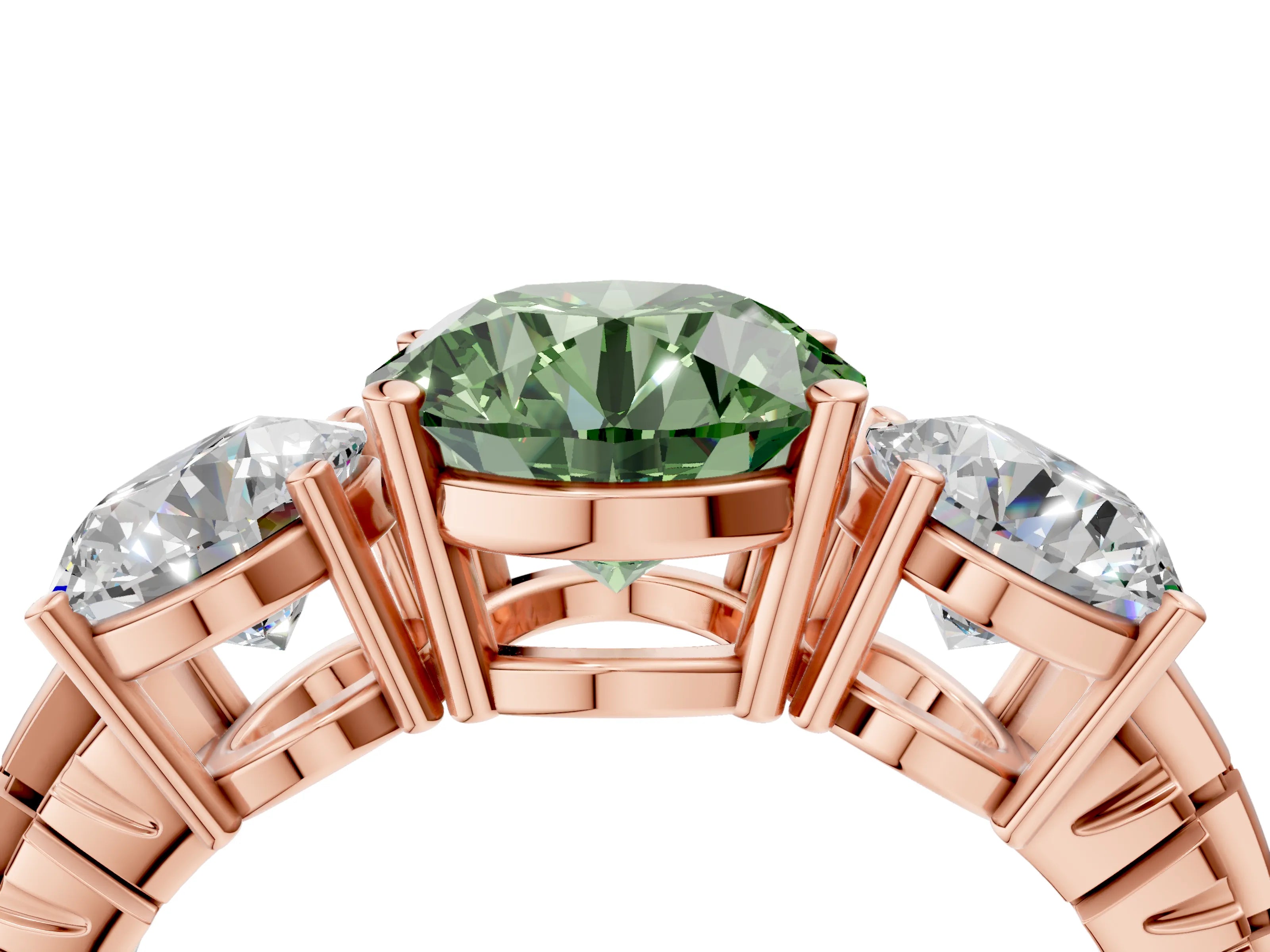 Rose gold Three-Stone Fancy Green Round Cut Cut Diamond Ring with Channel-Set Band and Prong Setting_4