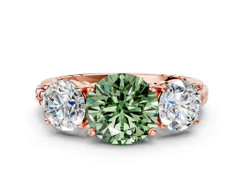 Rose gold Three-Stone Fancy Green Round Cut Cut Diamond Ring with Channel-Set Band and Prong Setting