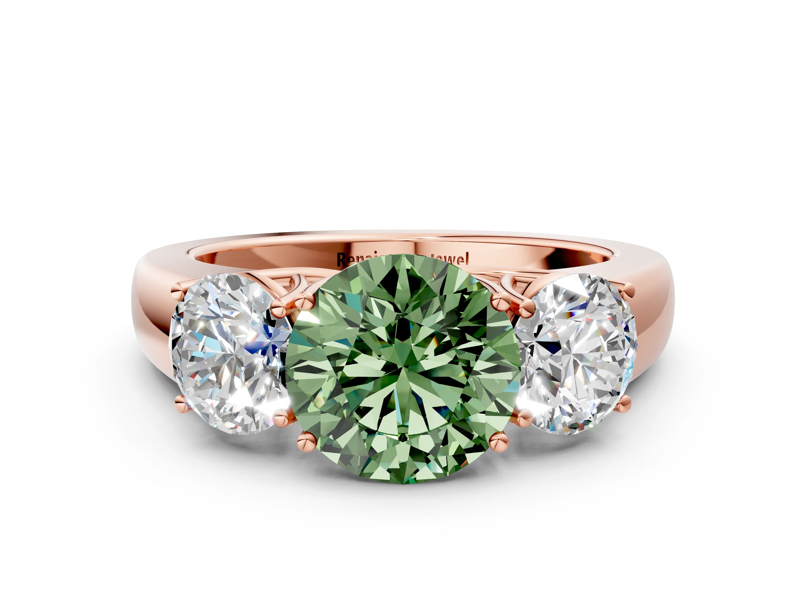 Rose gold Three-Stone Fancy Green Round Cut Cut Diamond Ring with Prong Setting and Classic Band