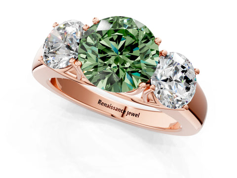 Rose gold Three-Stone Fancy Green Round Cut Cut Diamond Ring with Prong Setting and Classic Band_1