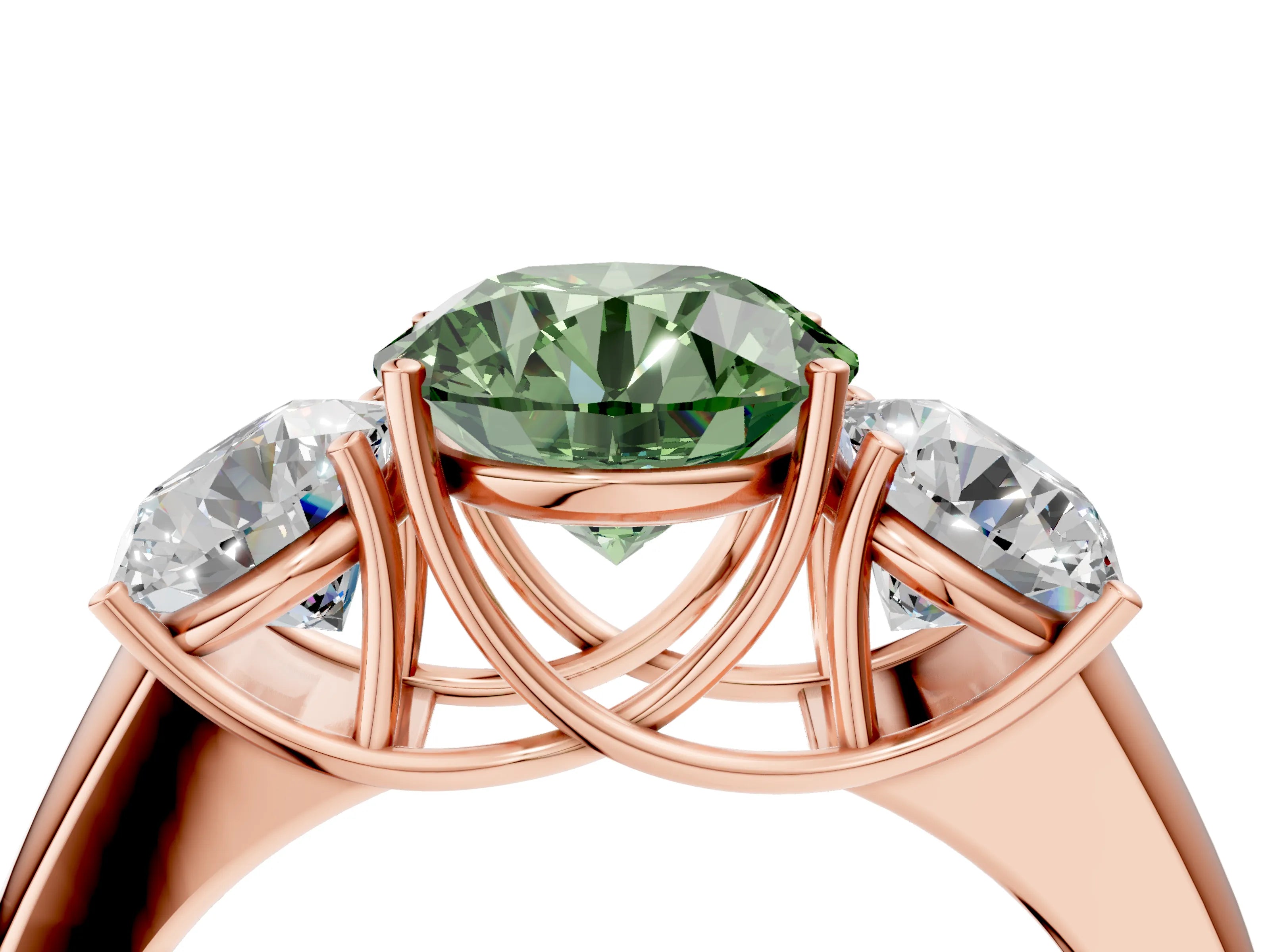 Rose gold Three-Stone Fancy Green Round Cut Cut Diamond Ring with Prong Setting and Classic Band_4