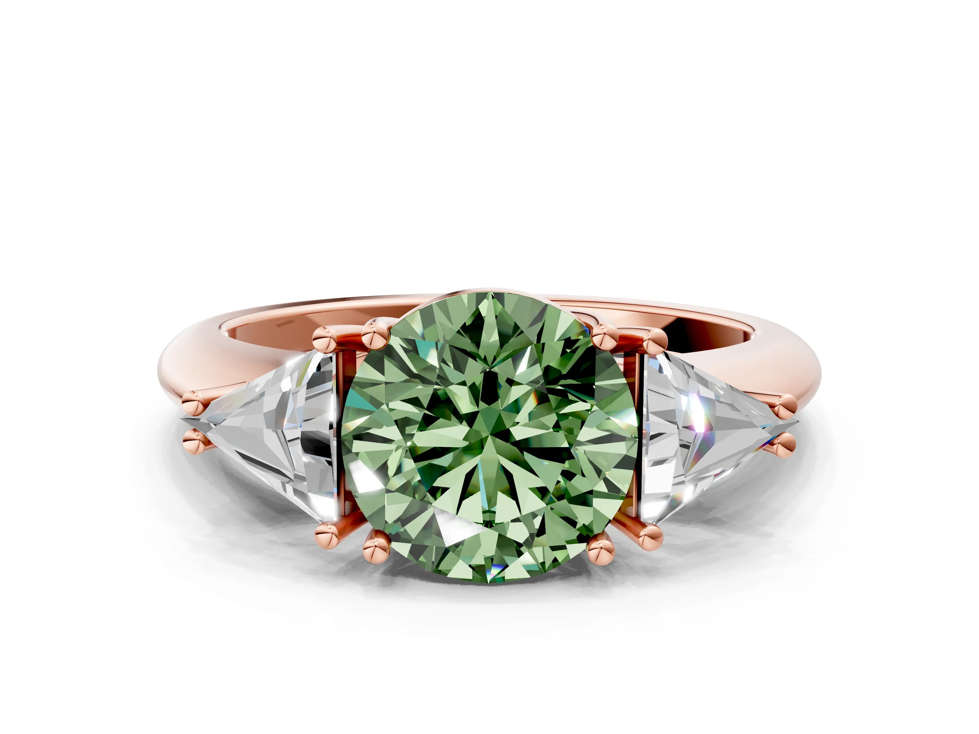 Rose gold Three-Stone Fancy Green Round Cut Cut Diamond Ring with Trillion Side Stones and Four-Prong Setting_3
