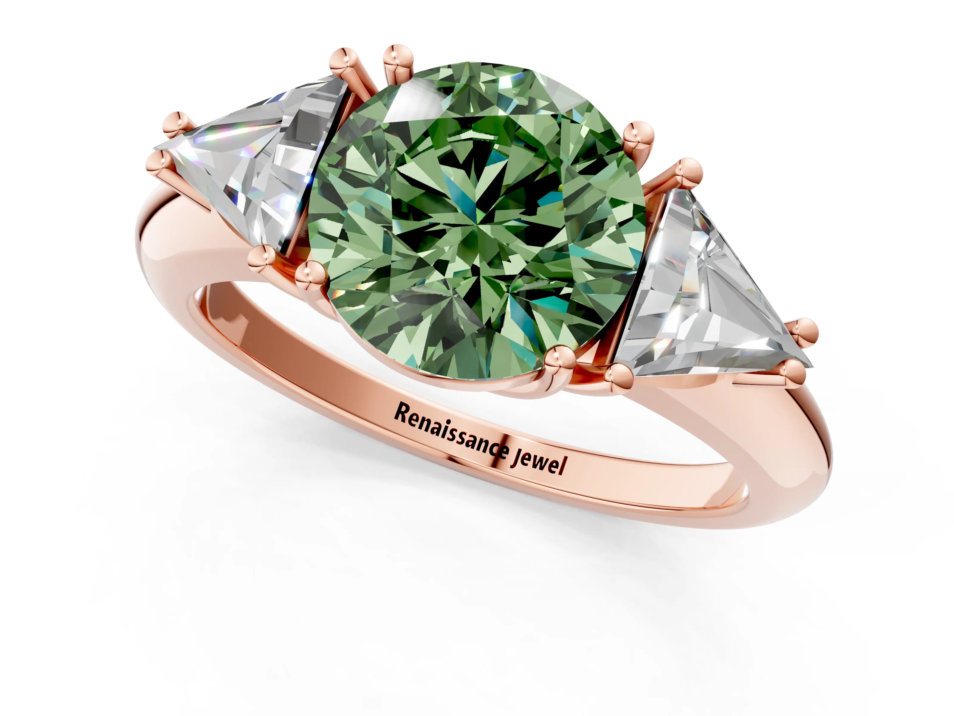 Rose gold Three-Stone Fancy Green Round Cut Cut Diamond Ring with Trillion Side Stones and Four-Prong Setting_4