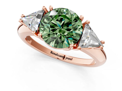 Rose gold Three-Stone Fancy Green Round Cut Cut Diamond Ring with Trillion Side Stones and Four-Prong Setting_4