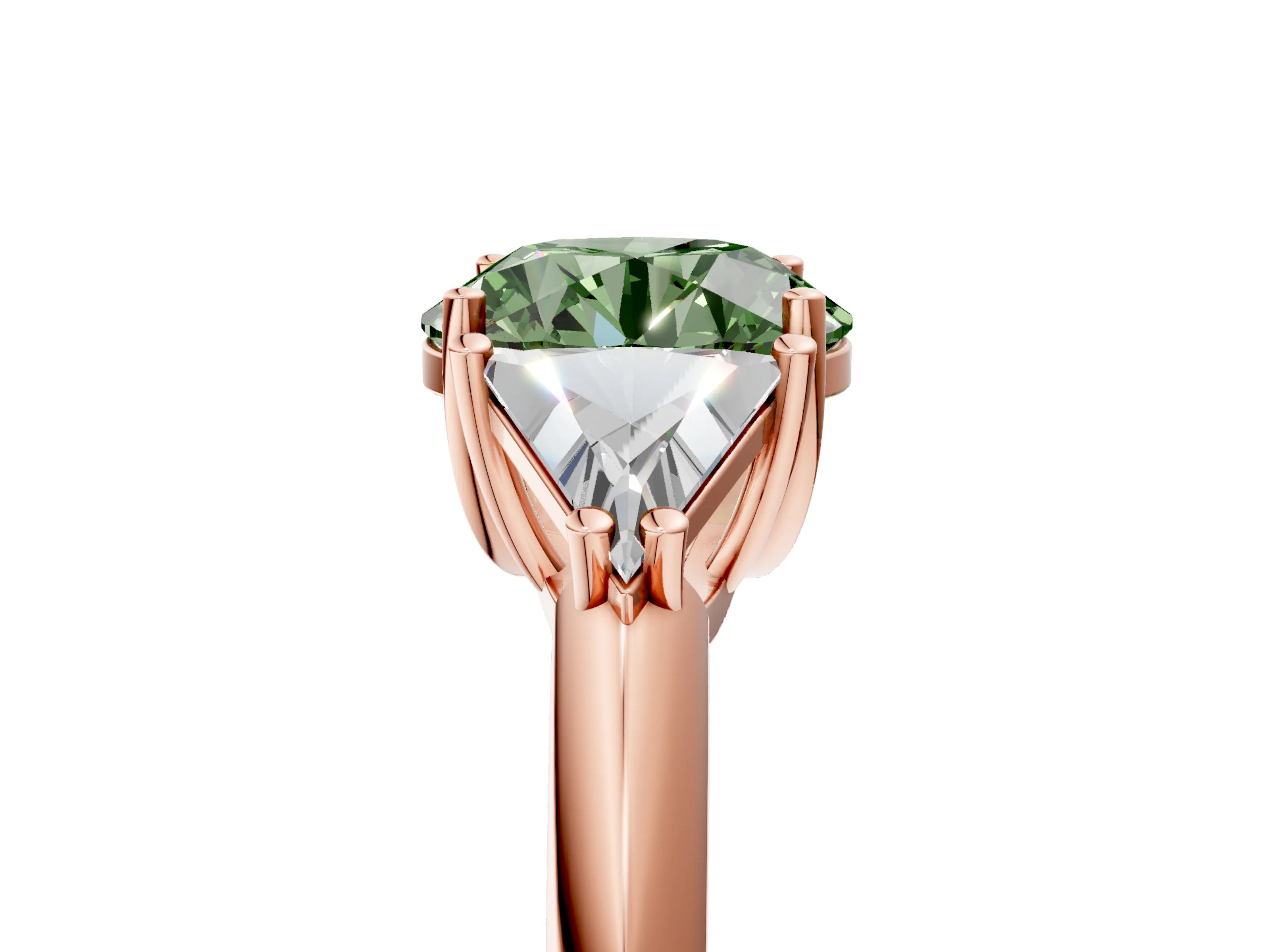 Rose gold Three-Stone Fancy Green Round Cut Cut Diamond Ring with Trillion Side Stones and Four-Prong Setting_8