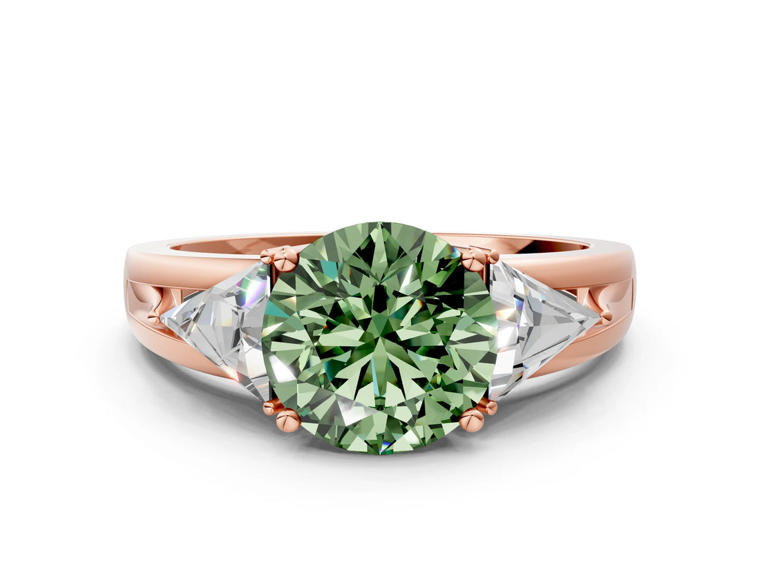 Rose gold Three-Stone Fancy Green Round Cut Cut Diamond Ring with Trillion Side Stones on a Split Shank Band