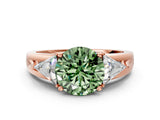 Rose gold Three-Stone Fancy Green Round Cut Cut Diamond Ring with Trillion Side Stones on a Split Shank Band