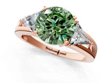 Rose gold Three-Stone Fancy Green Round Cut Cut Diamond Ring with Trillion Side Stones on a Split Shank Band_1