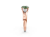 Rose gold Three-Stone Fancy Green Round Cut Cut Diamond Ring with Trillion Side Stones on a Split Shank Band_2
