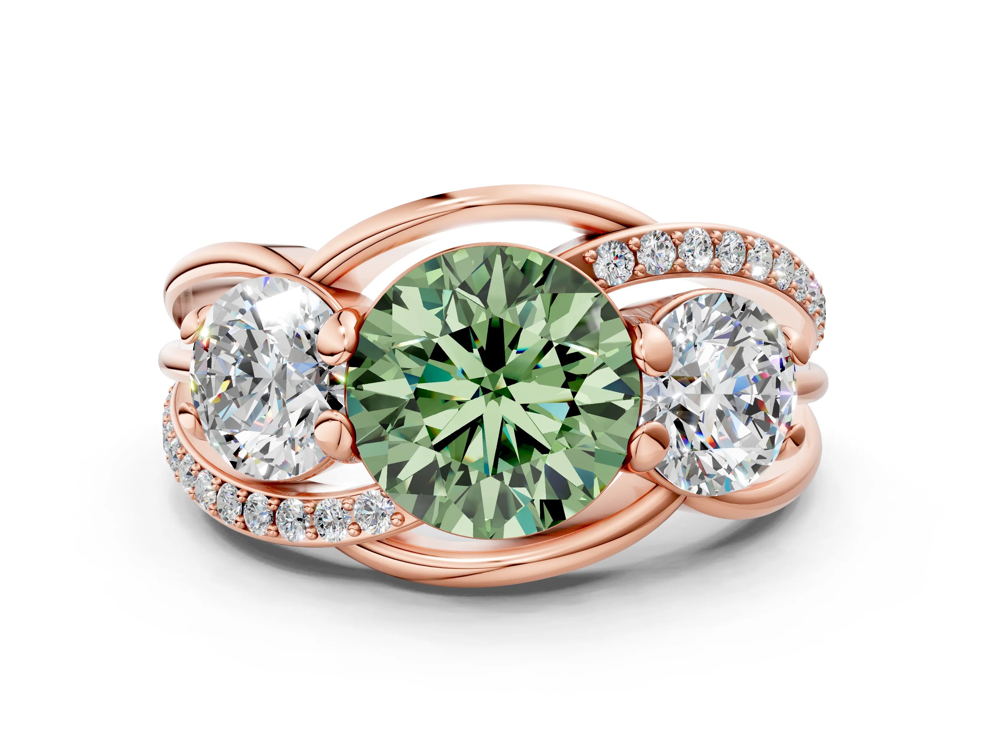 Rose gold Three-Stone Fancy Green Round Cut Cut Diamond Split Shank Prong Set Ring