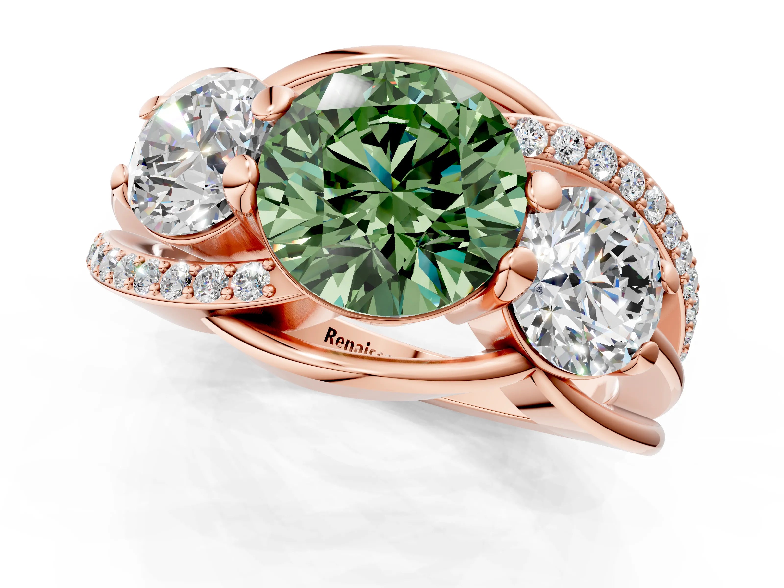 Rose gold Three-Stone Fancy Green Round Cut Cut Diamond Split Shank Prong Set Ring_1