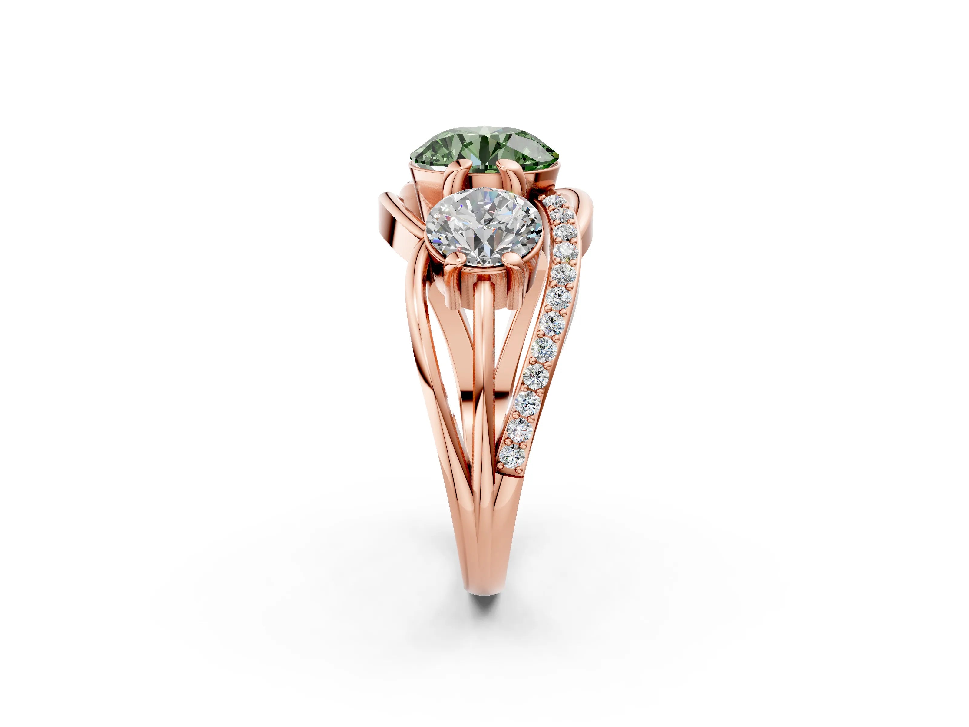 Rose gold Three-Stone Fancy Green Round Cut Cut Diamond Split Shank Prong Set Ring_2