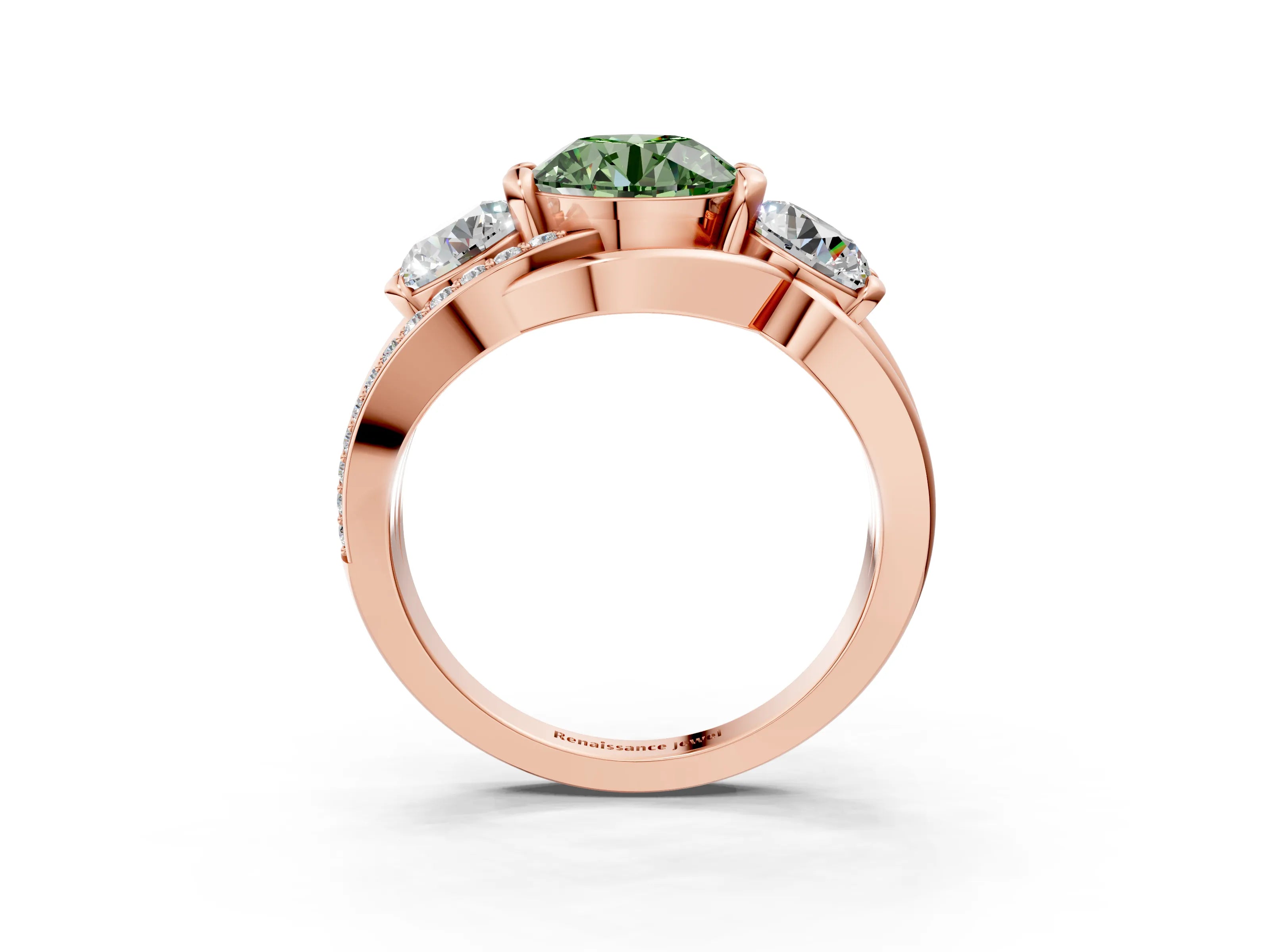 Rose gold Three-Stone Fancy Green Round Cut Cut Diamond Split Shank Prong Set Ring_3